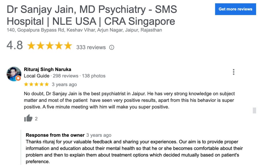 Review by Rituraj Singh naruka, Why Dr Sanjay Jain Is The Best Psychiatrist In Jaipur