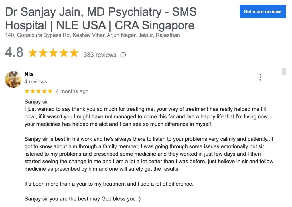 Review by Nia, Why Dr Sanjay Jain Is The Best Psychiatrist In Jaipur